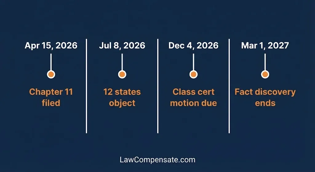 Freedom Forever bankruptcy timeline showing 2026 filing, state objections, and 2027 discovery deadlines.