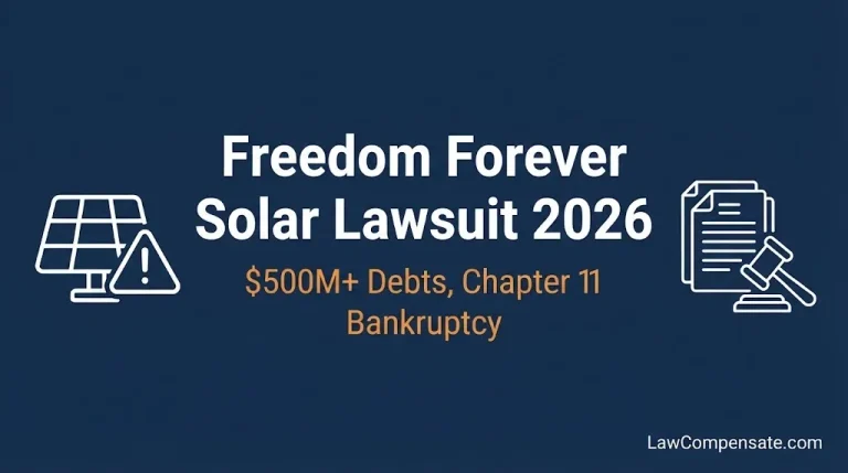Freedom Forever solar lawsuit 2026 infographic showing $500M+ debts and Chapter 11 bankruptcy.