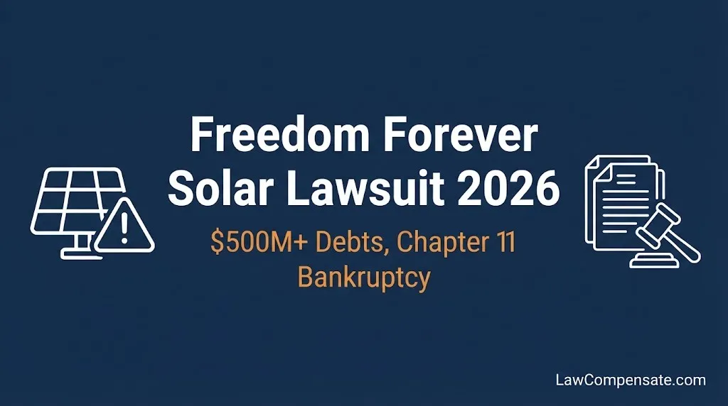 Freedom Forever solar lawsuit 2026 infographic showing $500M+ debts and Chapter 11 bankruptcy.