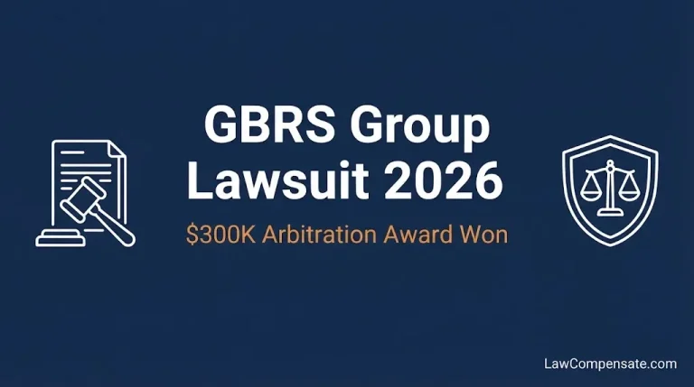 GBRS Group lawsuit 2026 infographic showing $300K arbitration award and no consumer claims.