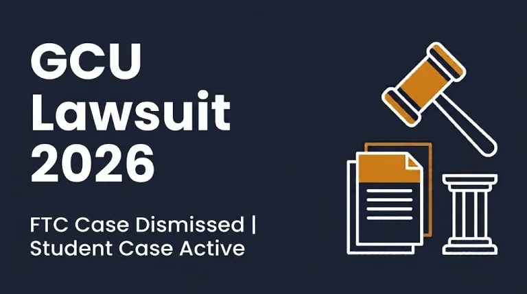 GCU lawsuit 2026 banner showing FTC case dismissed and student class action still active.