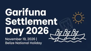 Garifuna Settlement Day 2026 banner showing November 19 holiday date and a dugout canoe symbol.