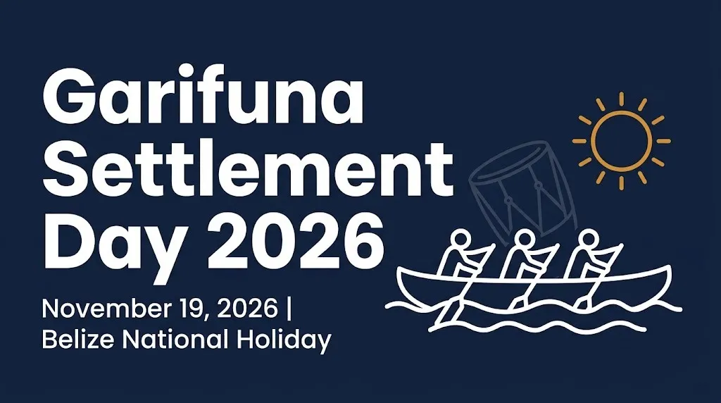 Garifuna Settlement Day 2026 banner showing November 19 holiday date and a dugout canoe symbol.