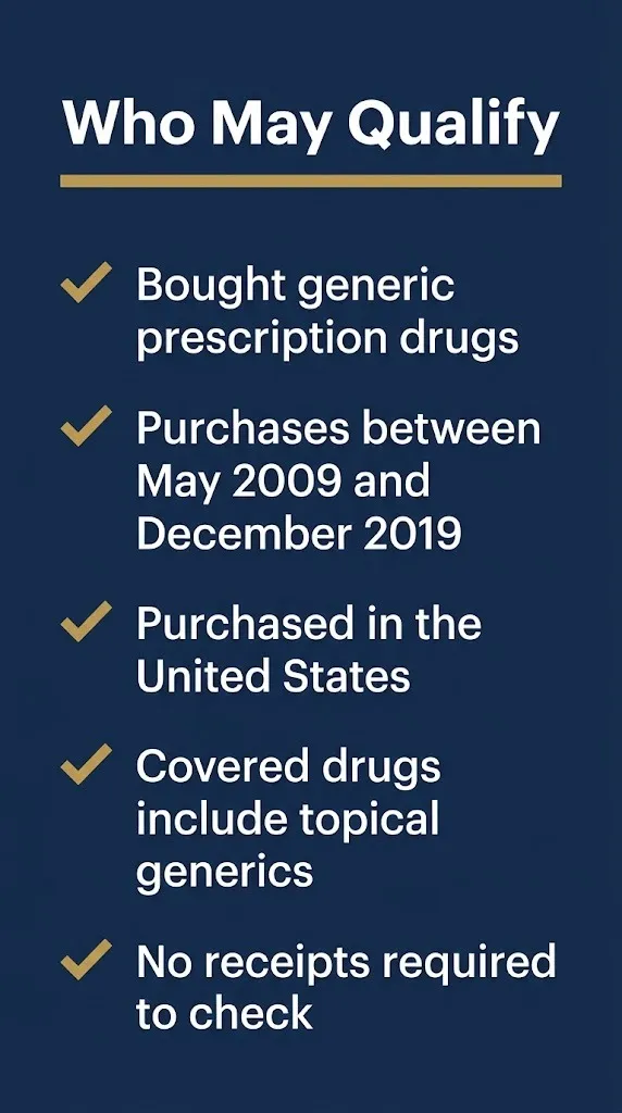 Generic drug settlement eligibility checklist showing who may qualify for compensation.