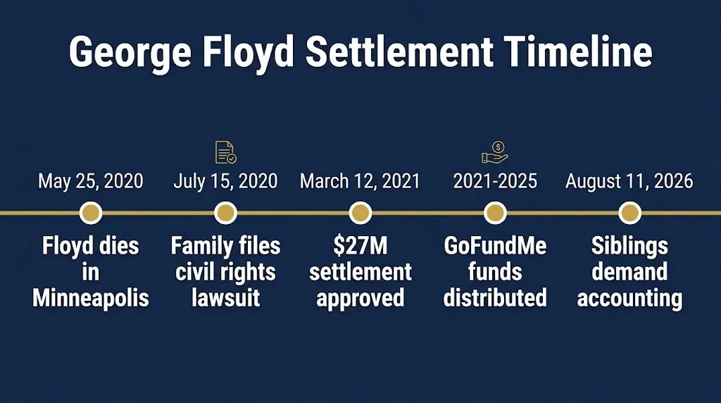 George Floyd settlement timeline showing 2020 death, 2021 $27M payout, and 2026 family dispute