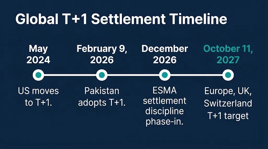 Global T+1 settlement timeline graphic showing US 2024, Pakistan February 2026, and Europe October 2027 milestones.