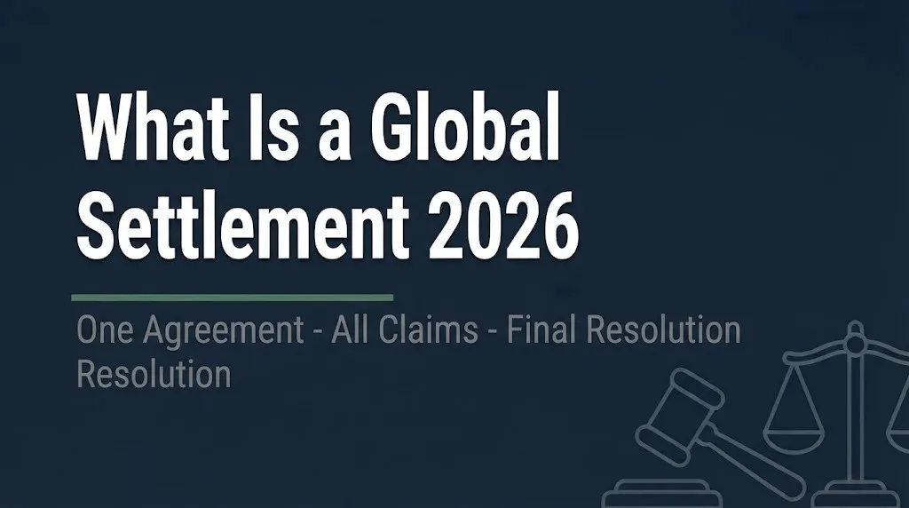 Global settlement 2026 banner explaining one agreement resolving all related legal claims.