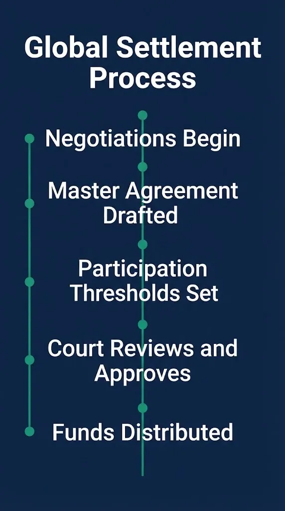 Global settlement process timeline showing steps from negotiation through fund distribution.