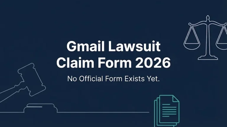 Gmail lawsuit claim form 2026 banner noting no official claim form exists yet.
