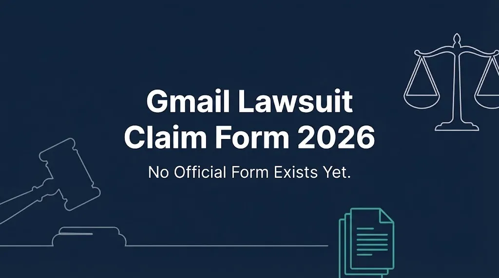 Gmail lawsuit claim form 2026 banner noting no official claim form exists yet.
