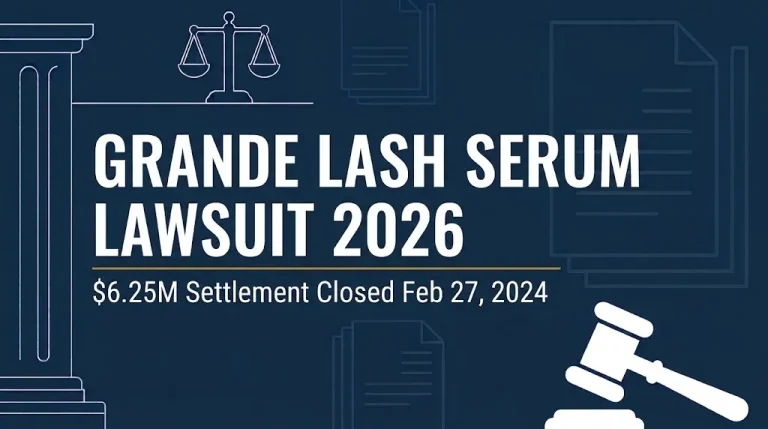 Grande lash serum lawsuit 2026 banner showing $6.25 million settlement closed February 2024