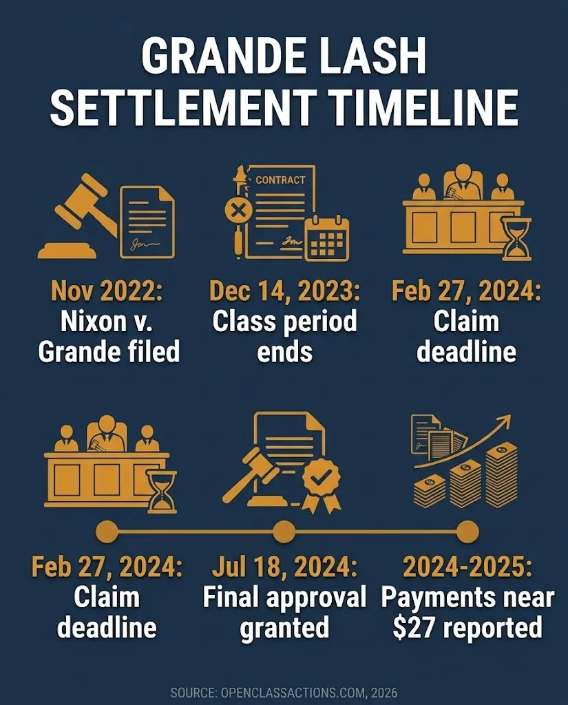 Grande lash serum lawsuit settlement timeline 2026 from filing to final approval and payments