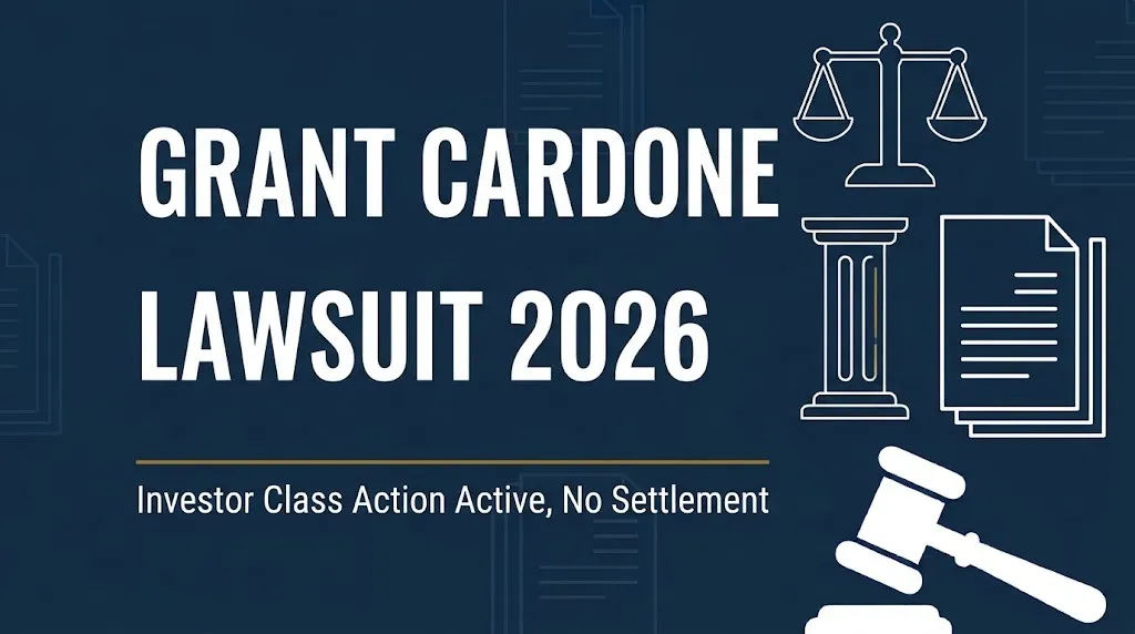 Grant Cardone lawsuit 2026 banner showing active investor class action with no settlement