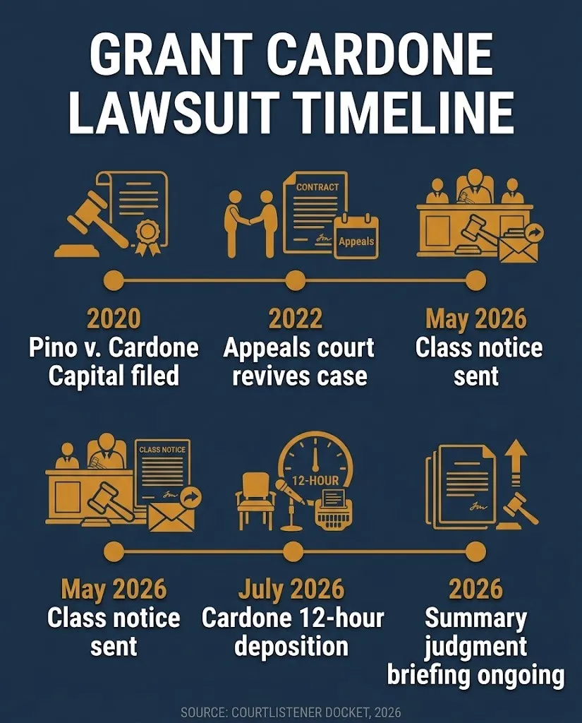 Grant Cardone lawsuit timeline 2026 from 2020 filing to class notice and depositions
