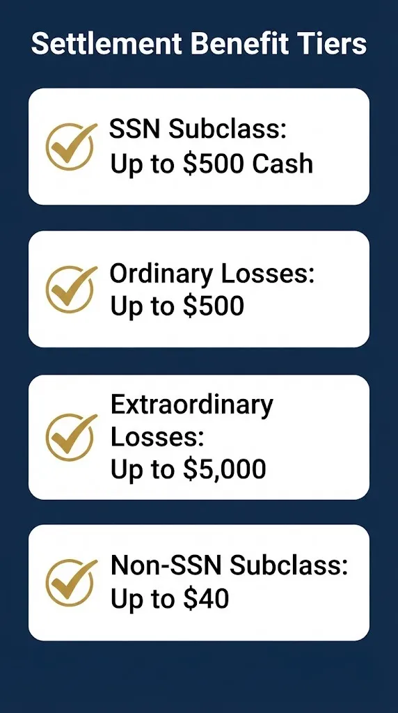 Great Expressions data breach settlement benefit tiers showing SSN and non-SSN subclass amounts