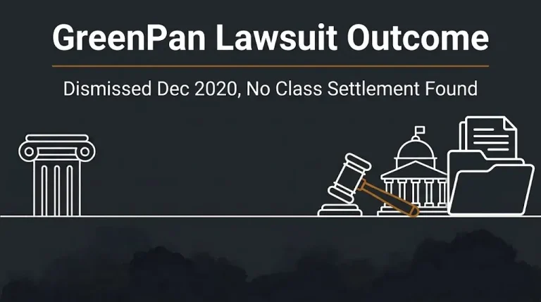 GreenPan lawsuit outcome banner dismissed December 2020, no class settlement found