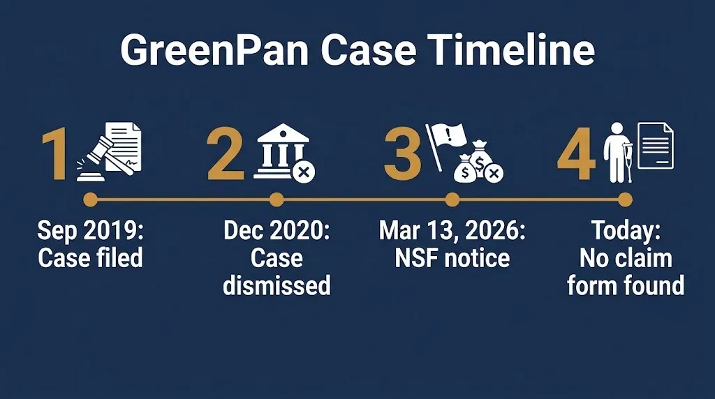 GreenPan lawsuit outcome timeline 2019 filing, 2020 dismissal, 2026 NSF notice, no claim form
