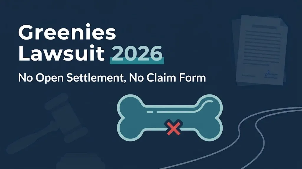 Greenies lawsuit 2026 banner stating no open settlement and no claim form exists.