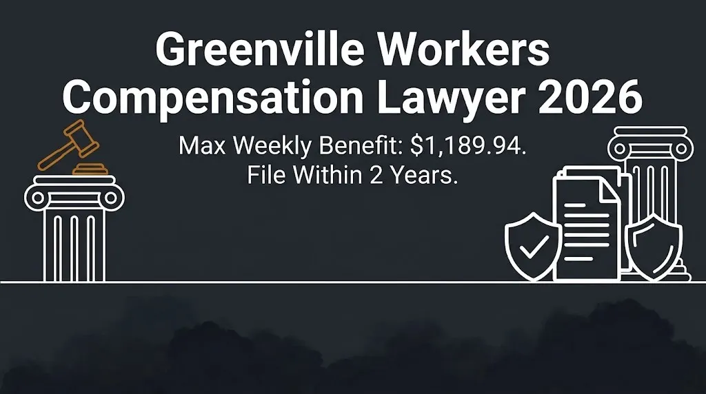 Greenville workers compensation lawyer 2026 banner showing $1,189.94 max weekly benefit and two-year filing deadline.