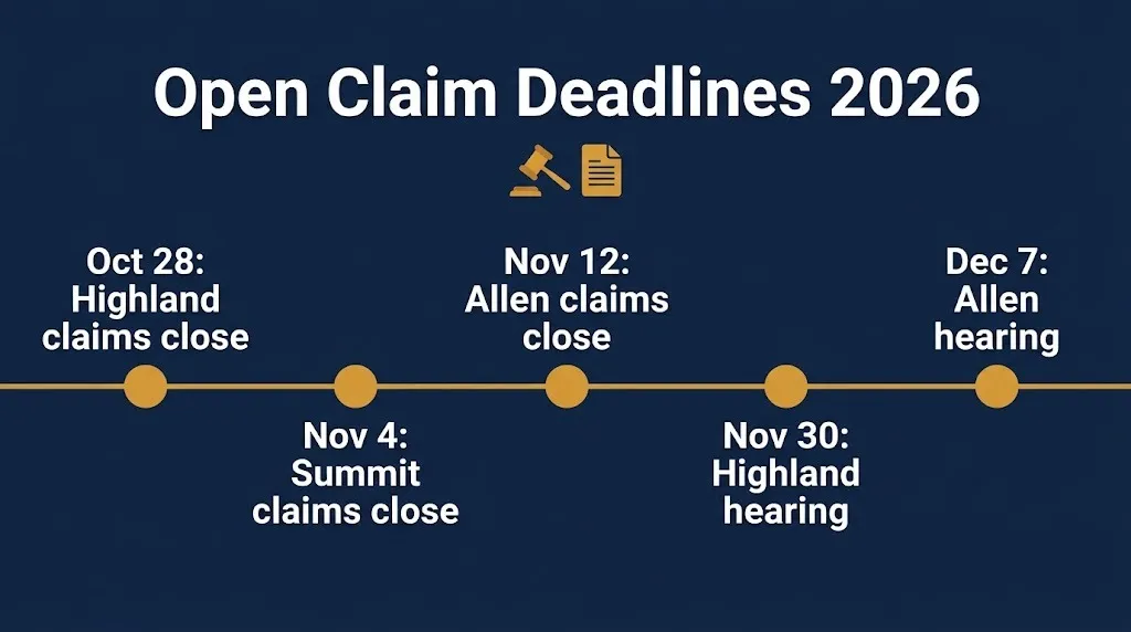 HIPAA violation lawsuit settlement timeline showing claim deadlines from October 28 to December 7, 2026