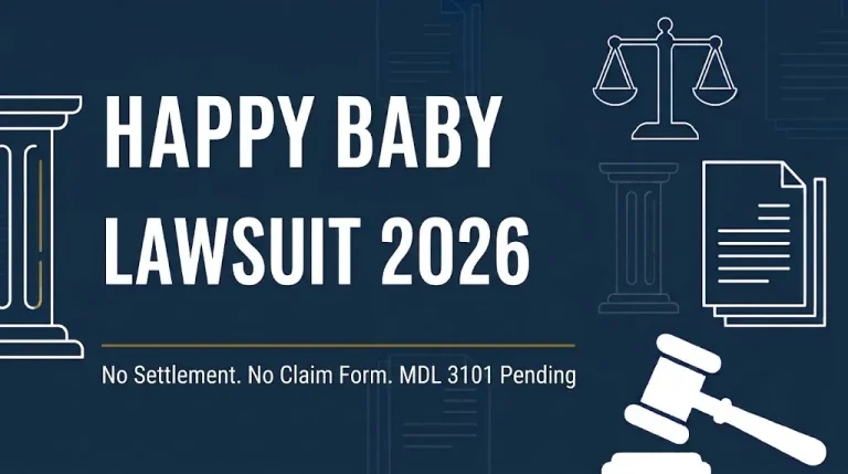 Happy Baby lawsuit 2026 banner showing no settlement and pending MDL 3101 summary judgment
