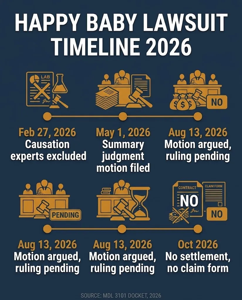 Happy Baby lawsuit 2026 timeline showing causation ruling, summary judgment motion, and no settlement