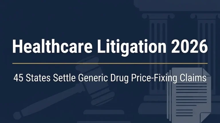 Healthcare litigation 2026 banner showing 45 states settled generic drug price-fixing claims.