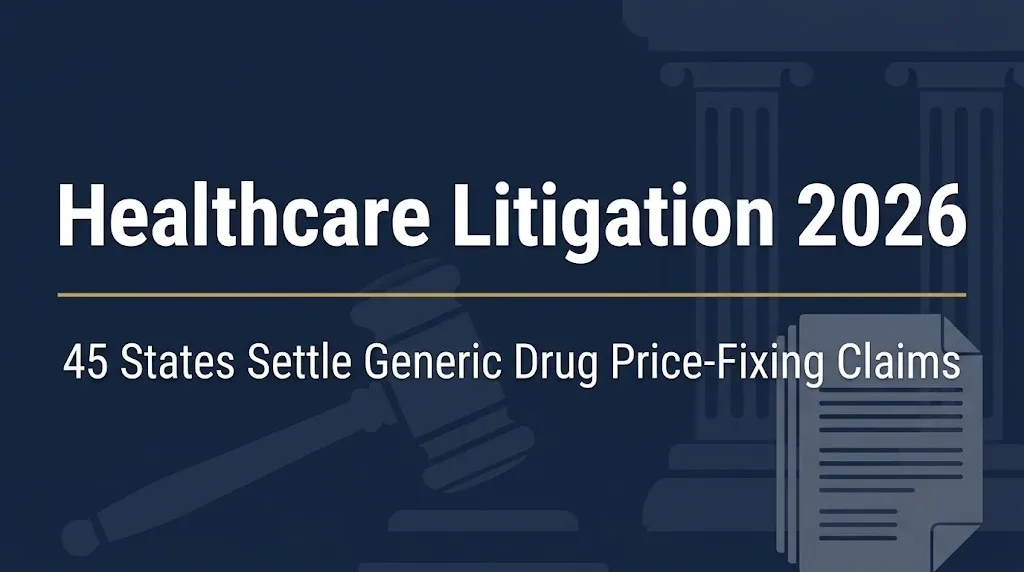Healthcare litigation 2026 banner showing 45 states settled generic drug price-fixing claims.