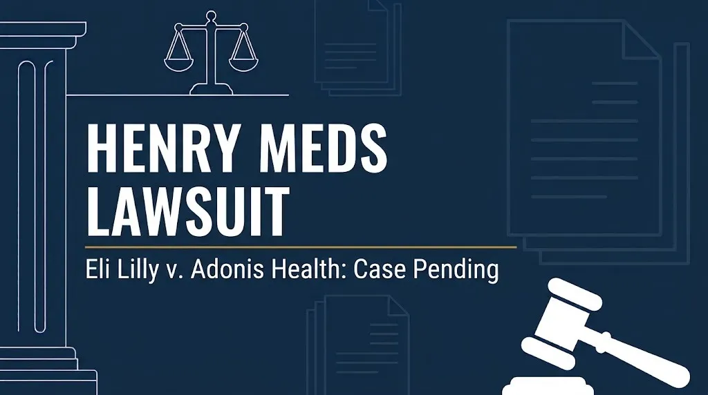 Henry Meds lawsuit banner showing Eli Lilly v. Adonis Health case pending with gavel and scales
