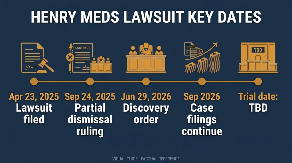 Henry Meds lawsuit timeline from April 2025 filing to September 2026 filings, trial date still TBD
