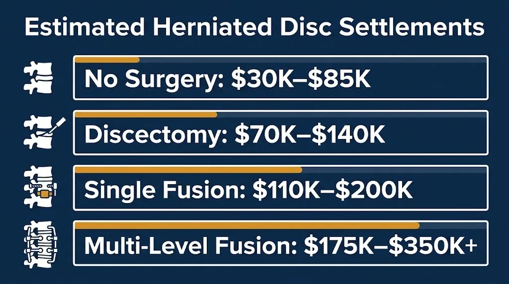 Herniated disc settlement tiers graphic showing ranges from $30K without surgery to $350K for multi-level fusion.