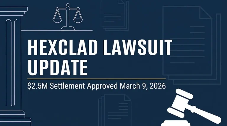 HexClad lawsuit update banner showing $2.5M settlement approved March 9, 2026 with gavel and scales