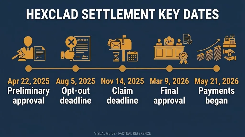 HexClad lawsuit update timeline from April 2025 preliminary approval to May 2026 payments