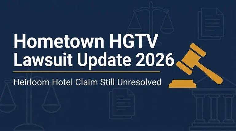 Hometown HGTV lawsuit update 2026 banner showing Heirloom Hotel claim still unresolved.