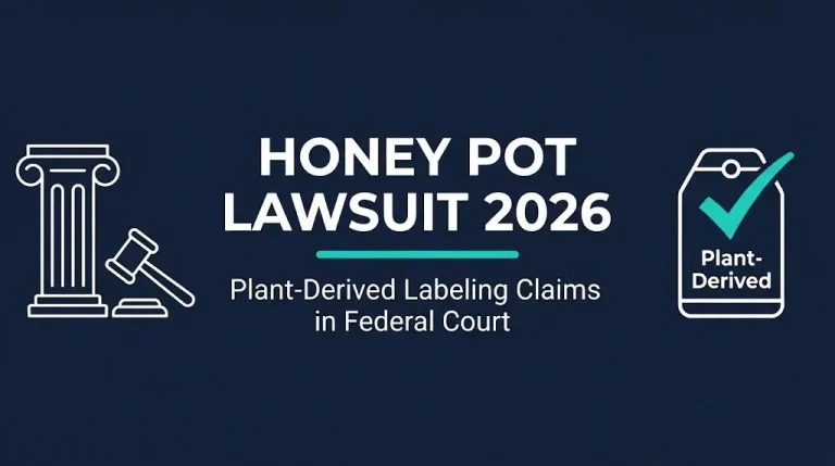 Honey Pot lawsuit 2026 banner showing plant-derived labeling class action in federal court with courthouse imagery.
