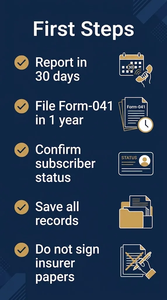 Houston work injury checklist report in 30 days, file in 1 year, confirm subscriber status.