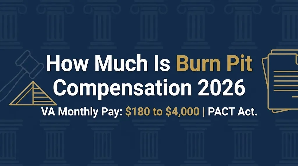 How much is burn pit compensation 2026 banner showing VA monthly pay range and PACT Act.