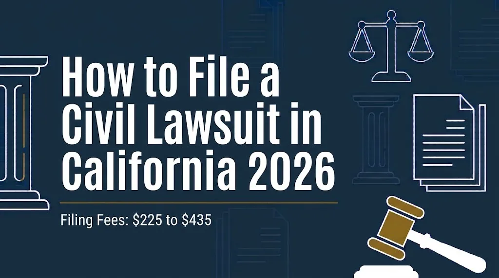How to file a civil lawsuit in California 2026 banner showing filing fees from $225 to $435.