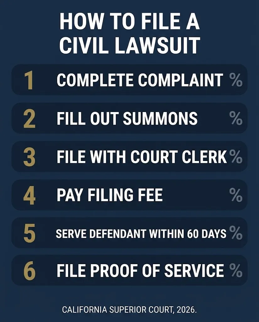 How to file a civil lawsuit in California steps graphic showing complaint, summons, filing, and service