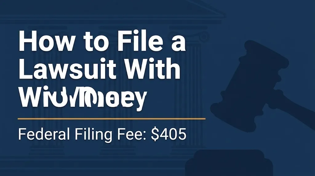 How to file a lawsuit with no money banner showing the $405 federal filing fee