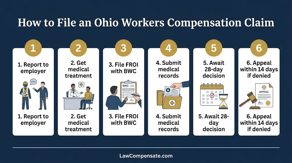 How to file an Ohio workers compensation claim in six steps infographic with BWC deadlines
