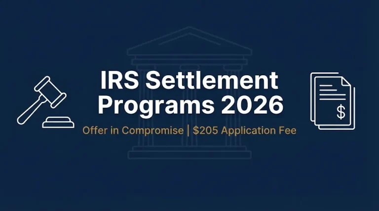IRS settlement programs 2026 banner with Offer in Compromise and $205 application fee details.