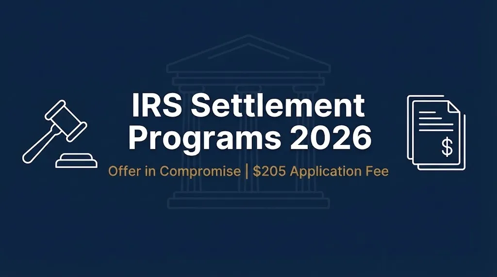 IRS settlement programs 2026 banner with Offer in Compromise and $205 application fee details.