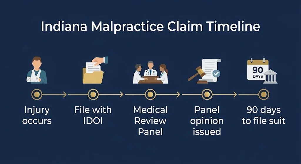 Indiana malpractice claim timeline from injury to medical review panel to filing suit.