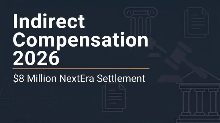 Indirect compensation 2026 banner showing $8 million NextEra settlement.