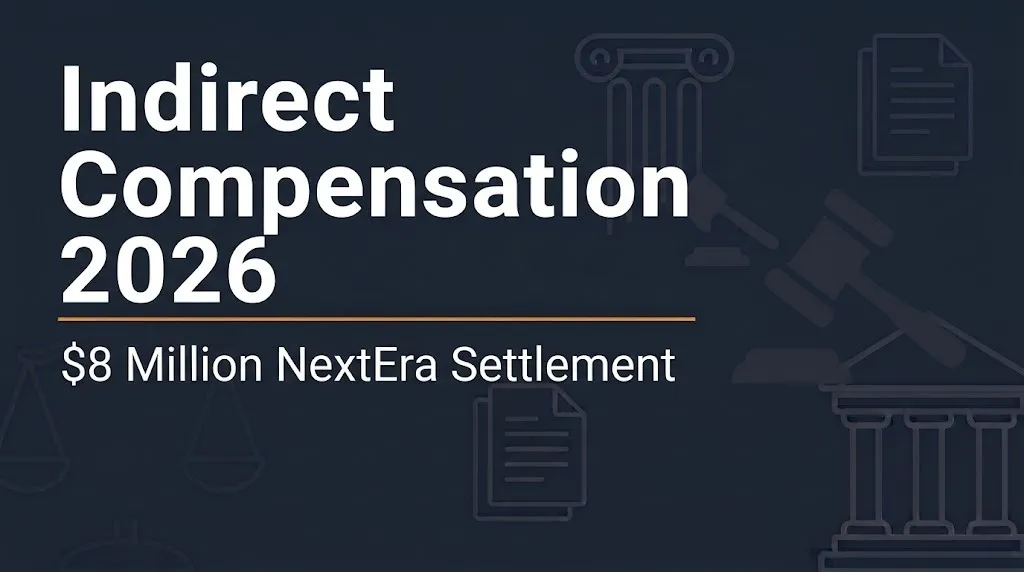 Indirect compensation 2026 banner showing $8 million NextEra settlement.