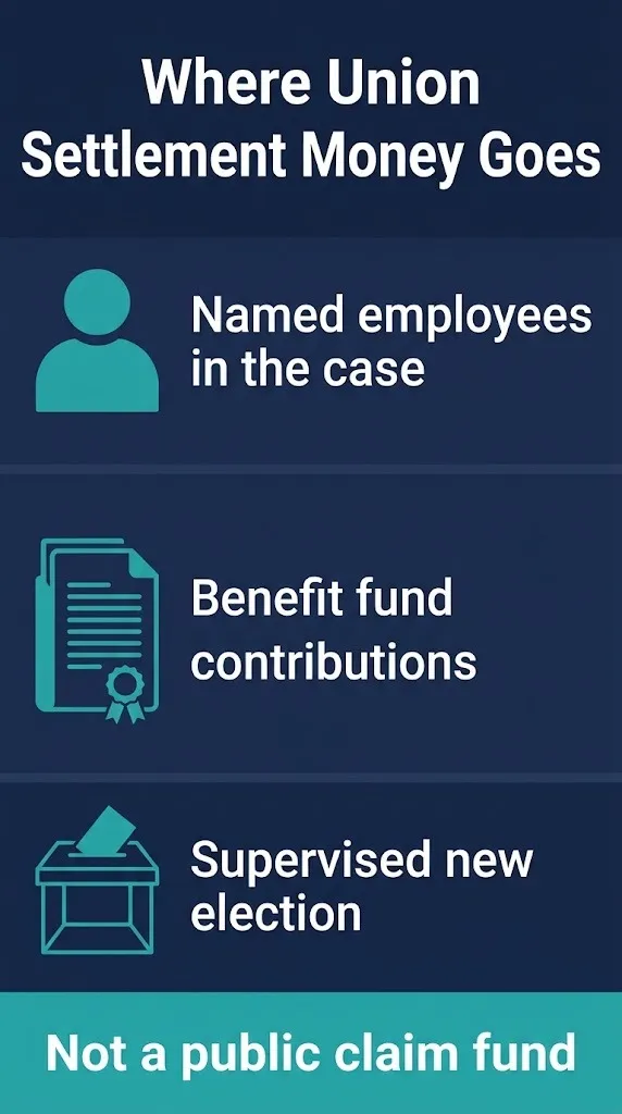 Infographic showing where union settlement money goes named employees, benefit funds, and supervised elections.