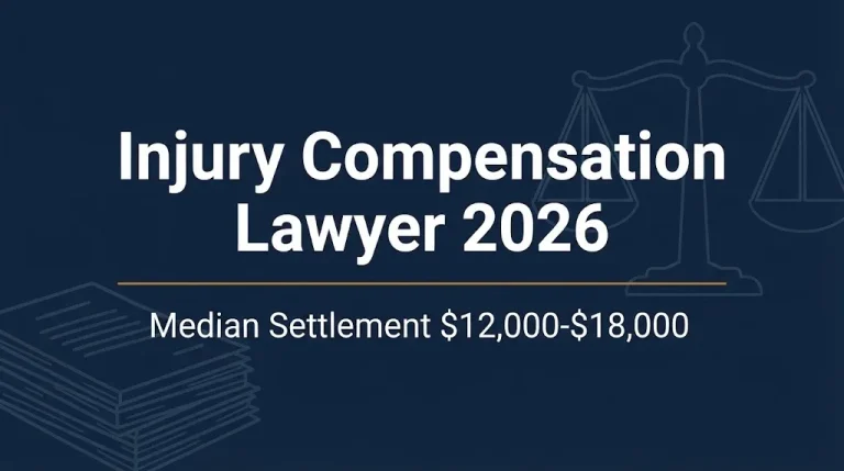 Injury compensation lawyer 2026 banner showing median settlement range of $12,000 to $18,000.