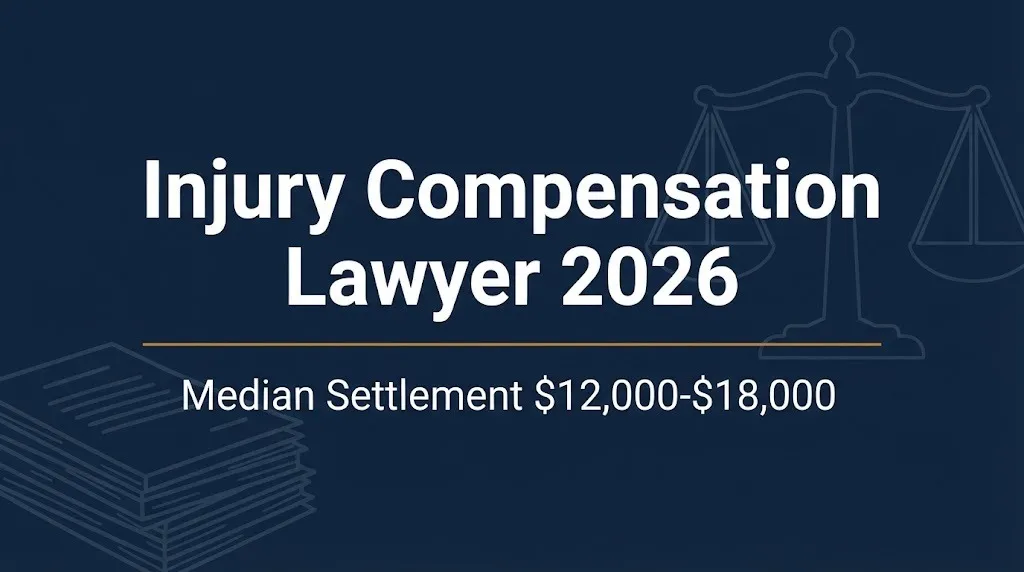 Injury compensation lawyer 2026 banner showing median settlement range of $12,000 to $18,000.