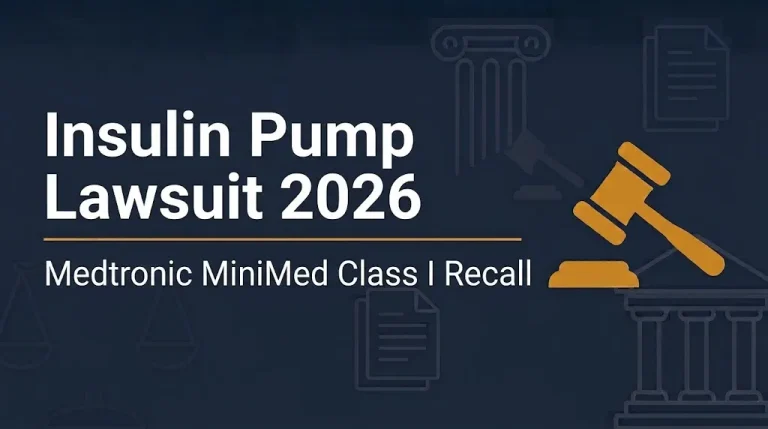 Insulin pump lawsuit 2026 banner showing Medtronic MiniMed Class I recall.